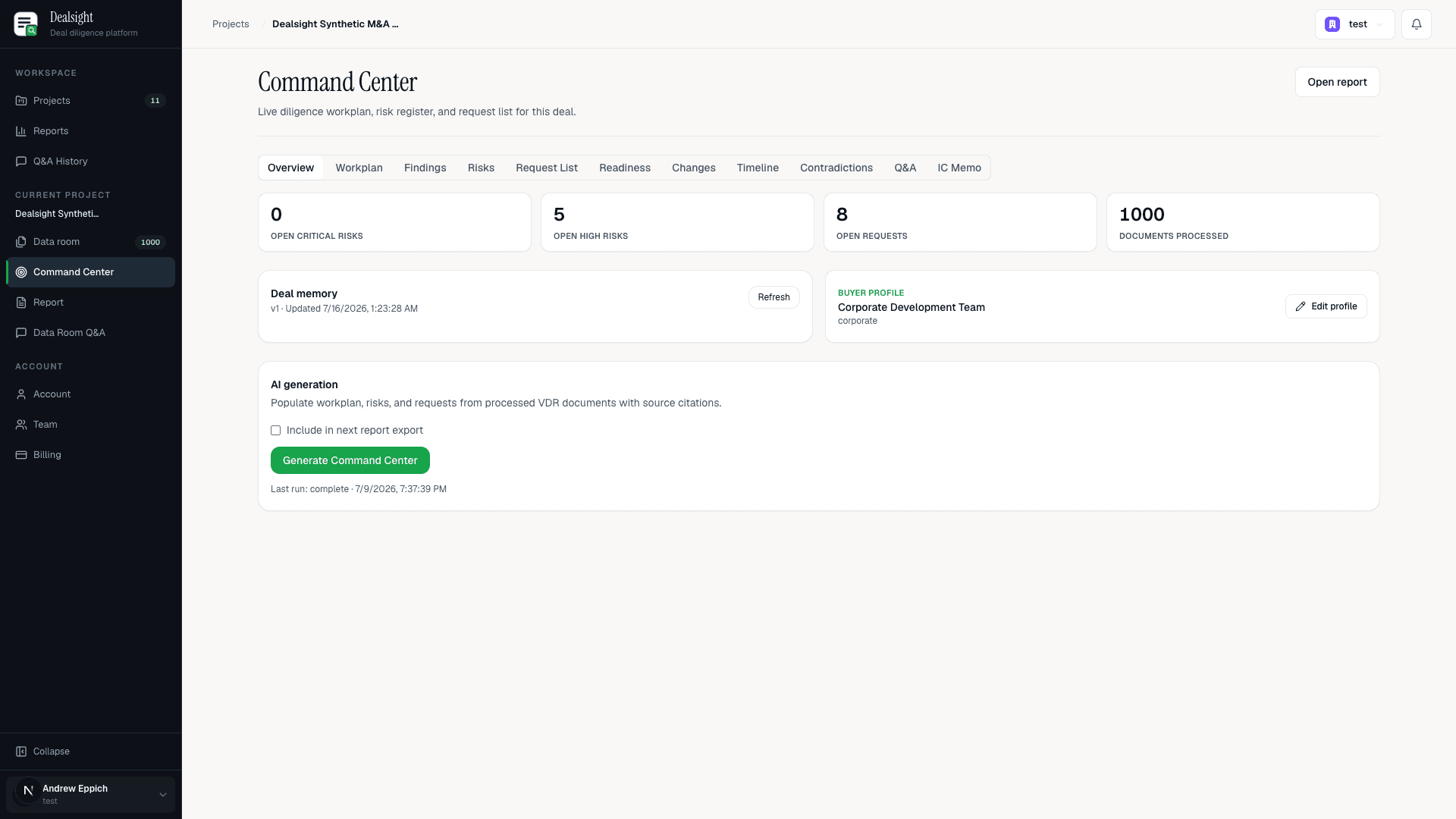 Dealsight Command Center overview for deal execution