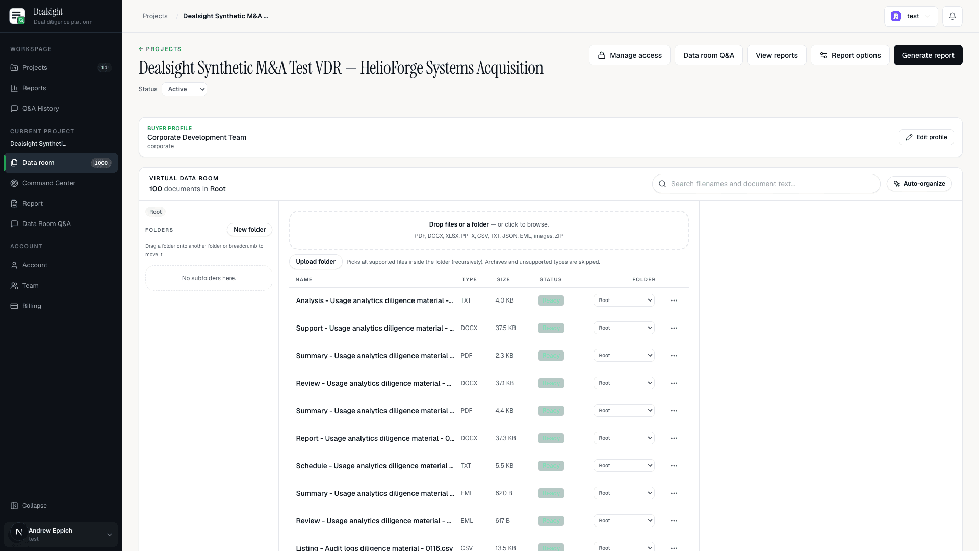 Dealsight data room workspace showing folders and documents