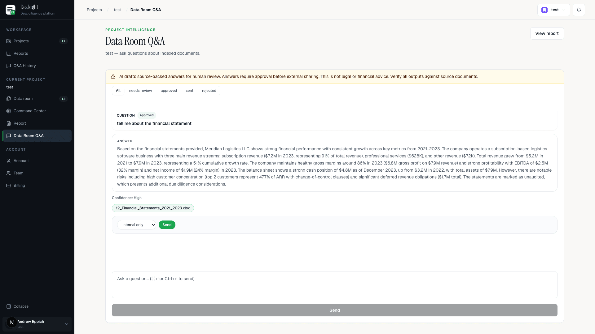 Data Room Q&A product view